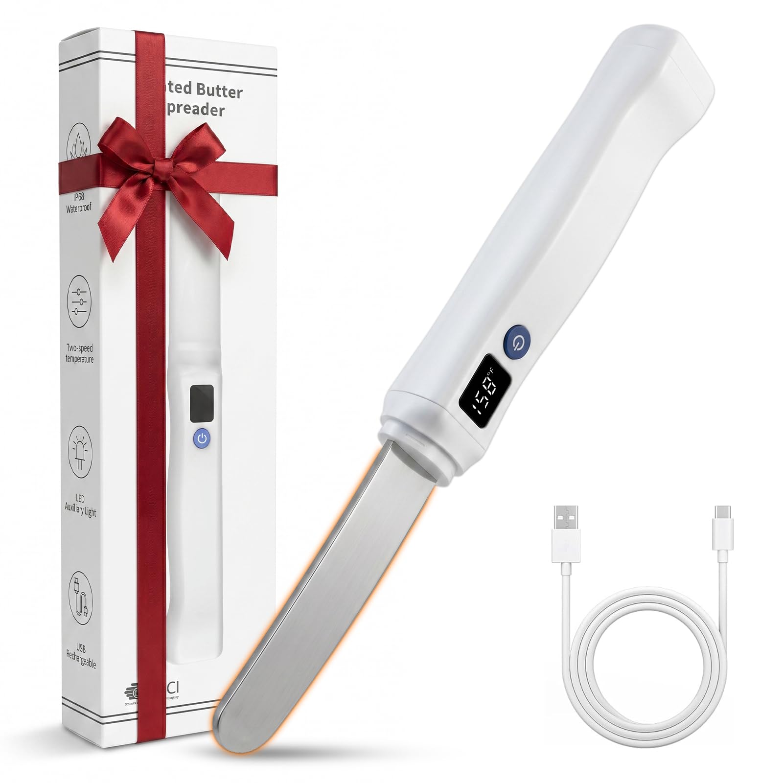 Heated Butter Knife, Electric Butter Spreader with Smart LED Display & 2 Heat Settings (131°F/158°F) - Rechargeable USB Warming Knife for Hard Butter, Cheese, Peanut Butter, Ice Cream & Honey