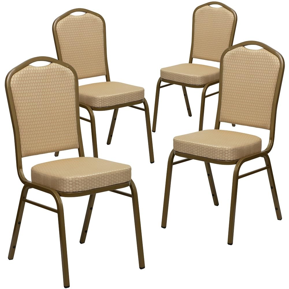 Flash Furniture Hercules Crown Back Stackable Banquet Chair, Beige, 4-pack, Set of 4, Beige Patterned Fabric/gold Frame