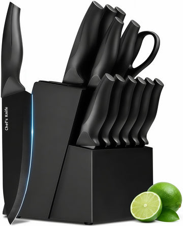 XANAPON Knife Set, 14 Pieces Kitchen Knife Set, High Carbon German Stainless Steel, Dishwasher Safe Cutlery with Built-in Knife Sharpener, Black