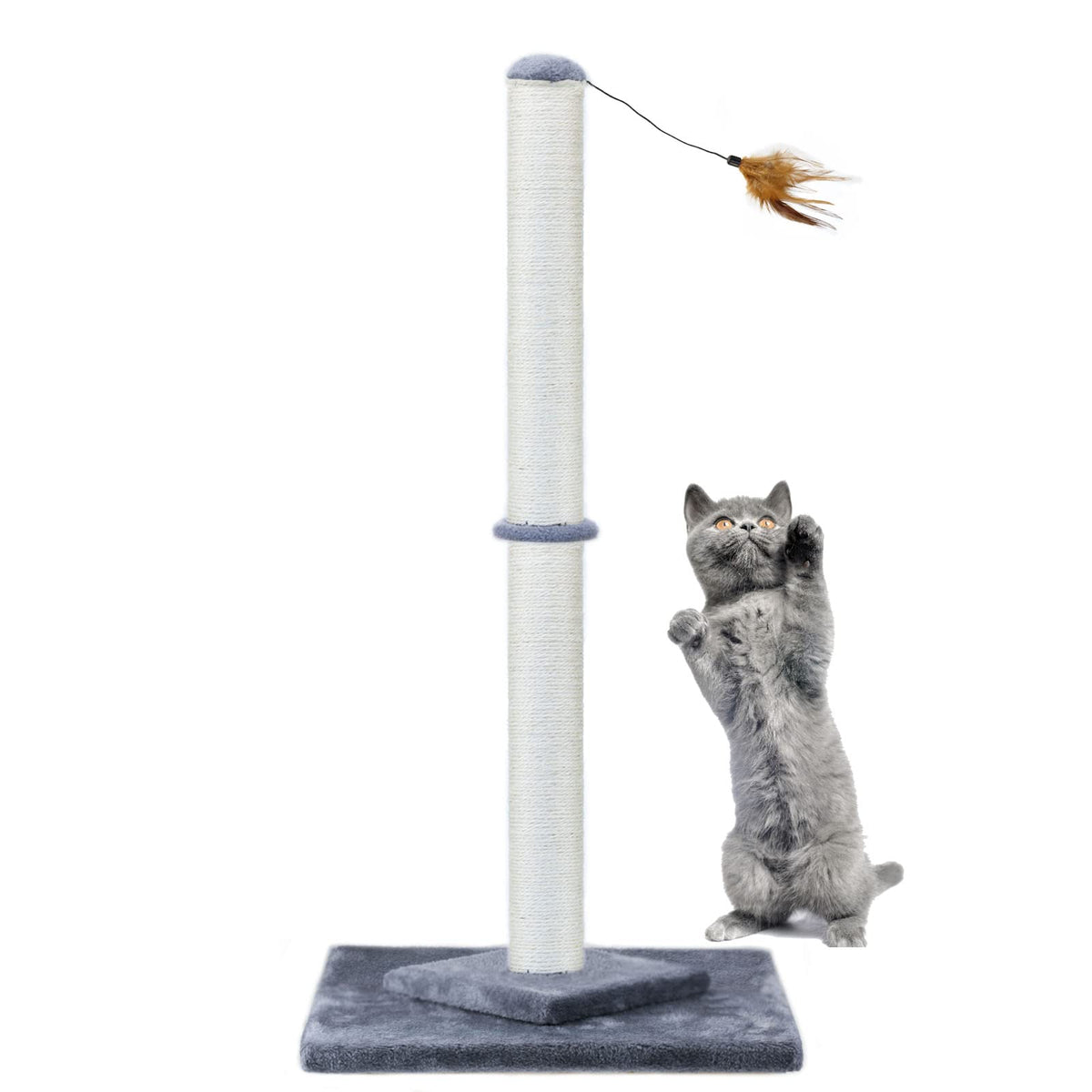 HUTPET 34" Tall Cat Scratching Post Double Base and Reinforcement Design Anti tilt,Sisal Scratch Posts Trees with Feather Toys for Indoor Cats(Gray)