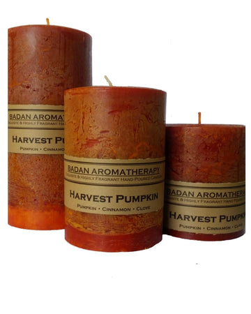 Badan Body Harvest Pumpkin Spice Scented Pillar Candle with Cinnamon Clove - Rustic Hand-Poured Highly Fragrant Fall Décor (3 Piece Set, Dk Orange)