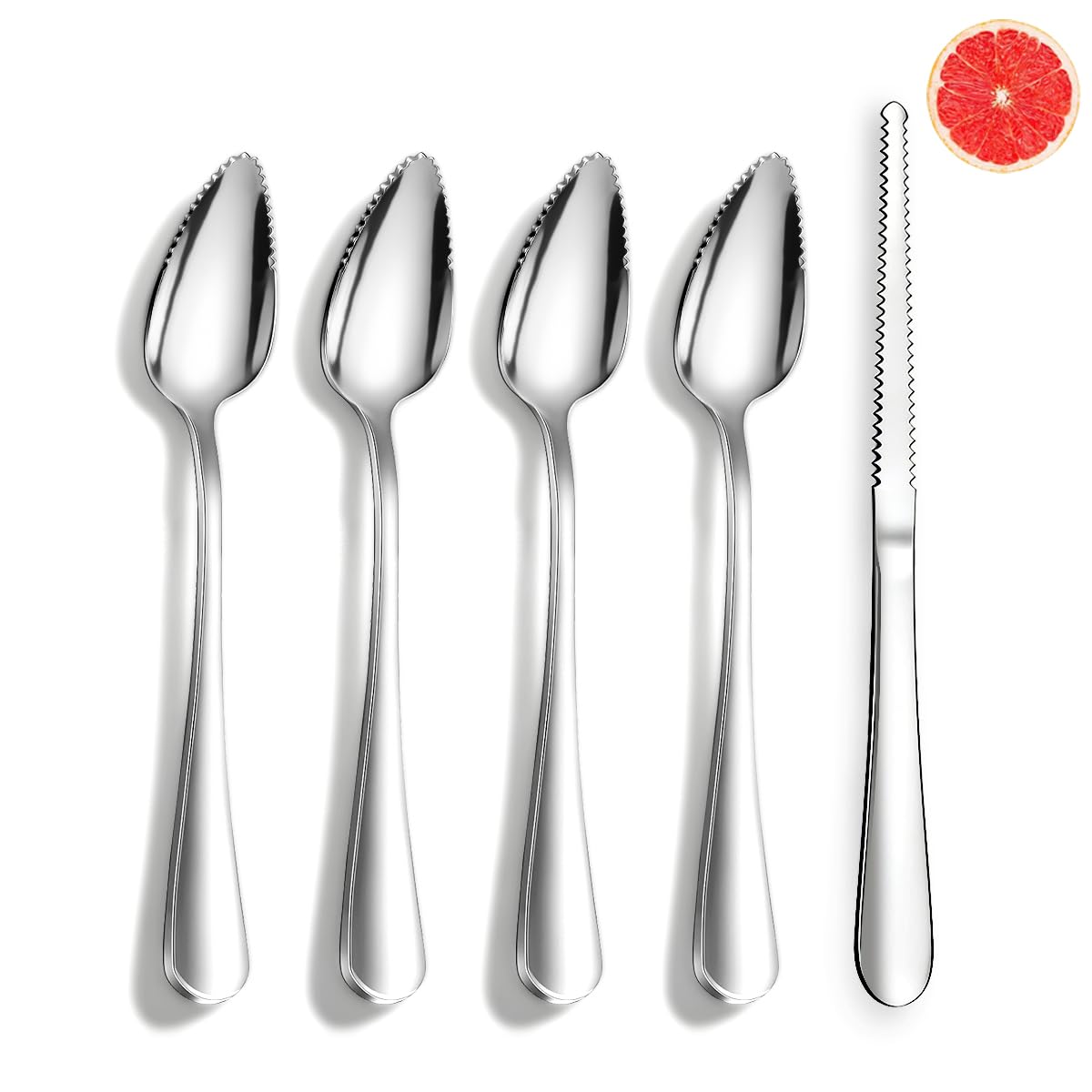 Berglander Grapefruit Spoons and Grapefruit Knife 5 Pieces, Stainless Steel Grapefruit Spoon Utensil Set, Serrated Edge Thick Handle Tool for Grapefruit, Kiwi, Apple, Citrus Fruit & Dessert