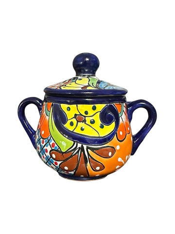 Handmade Colorful Talavera Sugar Jar with Handles | Vibrant Multicolor Ceramic Jar with Lid