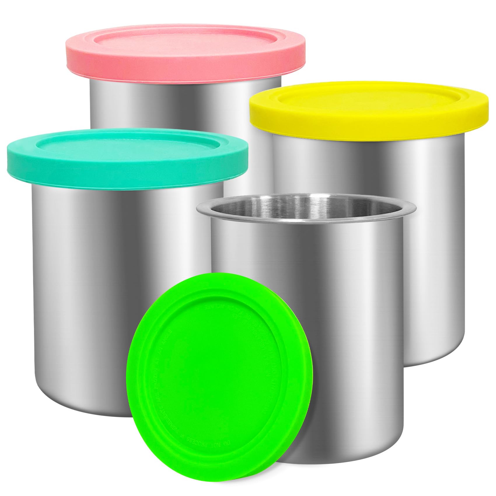 Stainless Steel Fit for ninja Creami Deluxe Containers– 4 Pack, Compatible with Ninja Creami CN501CO,NC501, NC500 Delux XL Series, Silicone Lids, BPA-Free, Dishwasher Safe, 5 Years Warranty