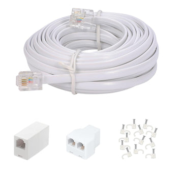 Long Telephone Extension Cord 20 FT, White, Phone Cable Wire with Standard RJ11 Plug, 1 Phone Line Splitter, 1 in-line Coupler and 15 Cable Clips for Telephone Calling Communication