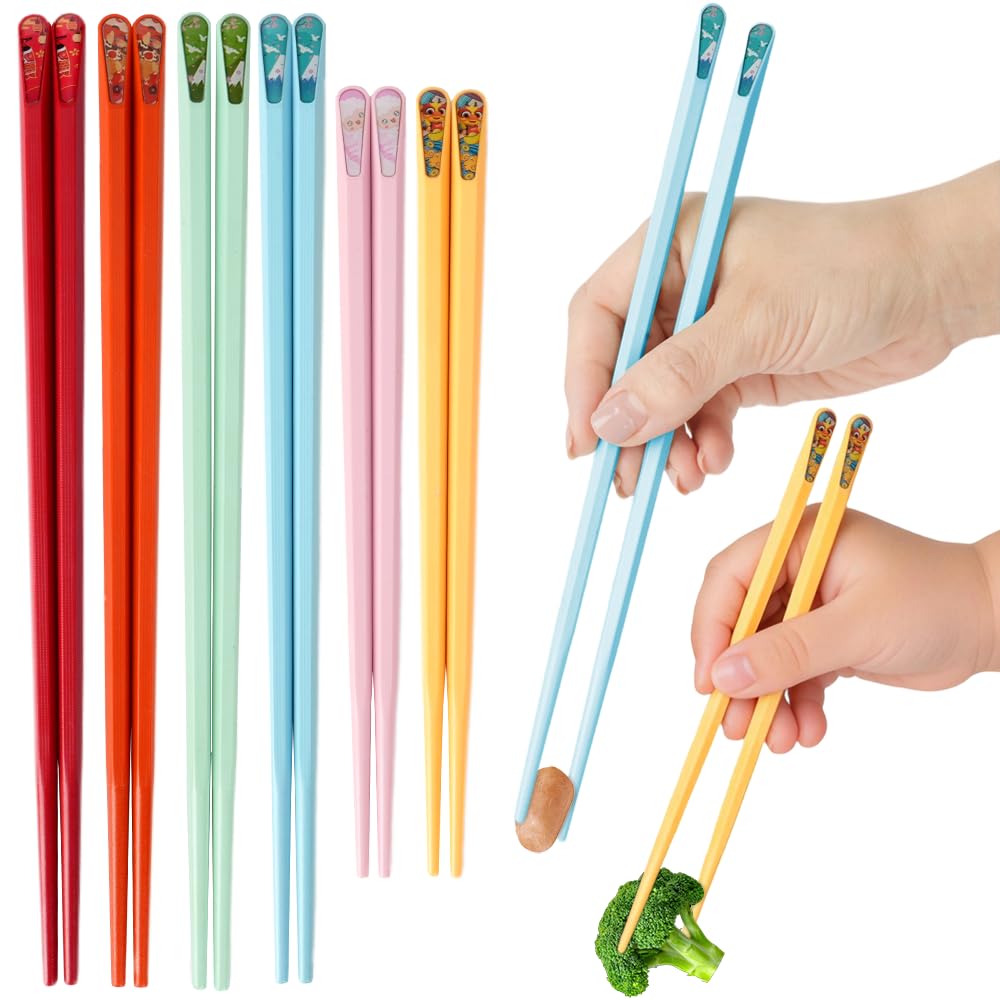6 Pairs Chopsticks Reusable, 4 Adult + 2 Kids, Colorful | Parent-Child Family Set, Fiberglass, Dishwasher Safe, Non Slip, For Sushi Ramen Asian Foods