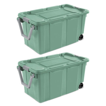Ratiyae 40 Gallon Wheeled Industrial Tote, Rugged Plastic Storage Bin, Latch Lid, Light Green, 2 Count