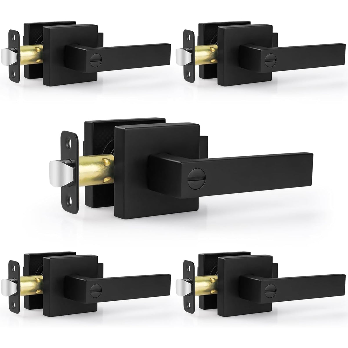 Estmoon 5 Pack Matte Black Door Handles Interior Door Knobs, Keyless Privacy Bedroom Door Lock, Heavy Duty Zinc Alloy Home Improvement Door Leverset for Bedrooms Bathrooms