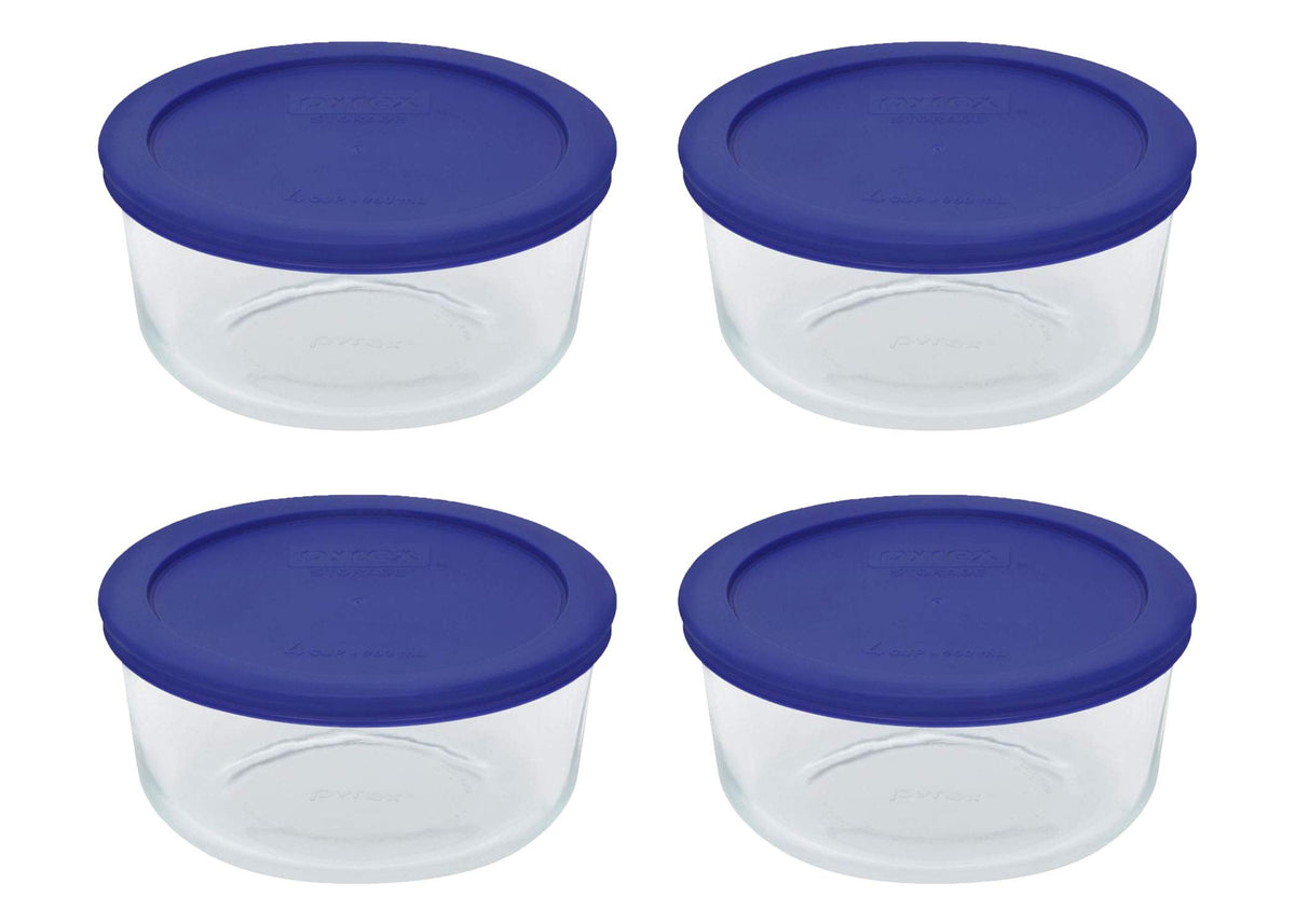 Pyrex 7201 4-Cup Glass Bowls and 7201-PC Cadet Blue Lids (4-Pack) Perfect for Meal Prep, Organization, Food Storage and so Much More - Made in USA