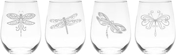 C M Dragonfly Stemless Wine Glass Set, 4 Pieces, 17 oz