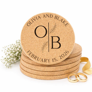 Set of 30-100 Personalized Cork Coasters | Customized Wedding Initial Coaster Set | Rustic Wedding Favors