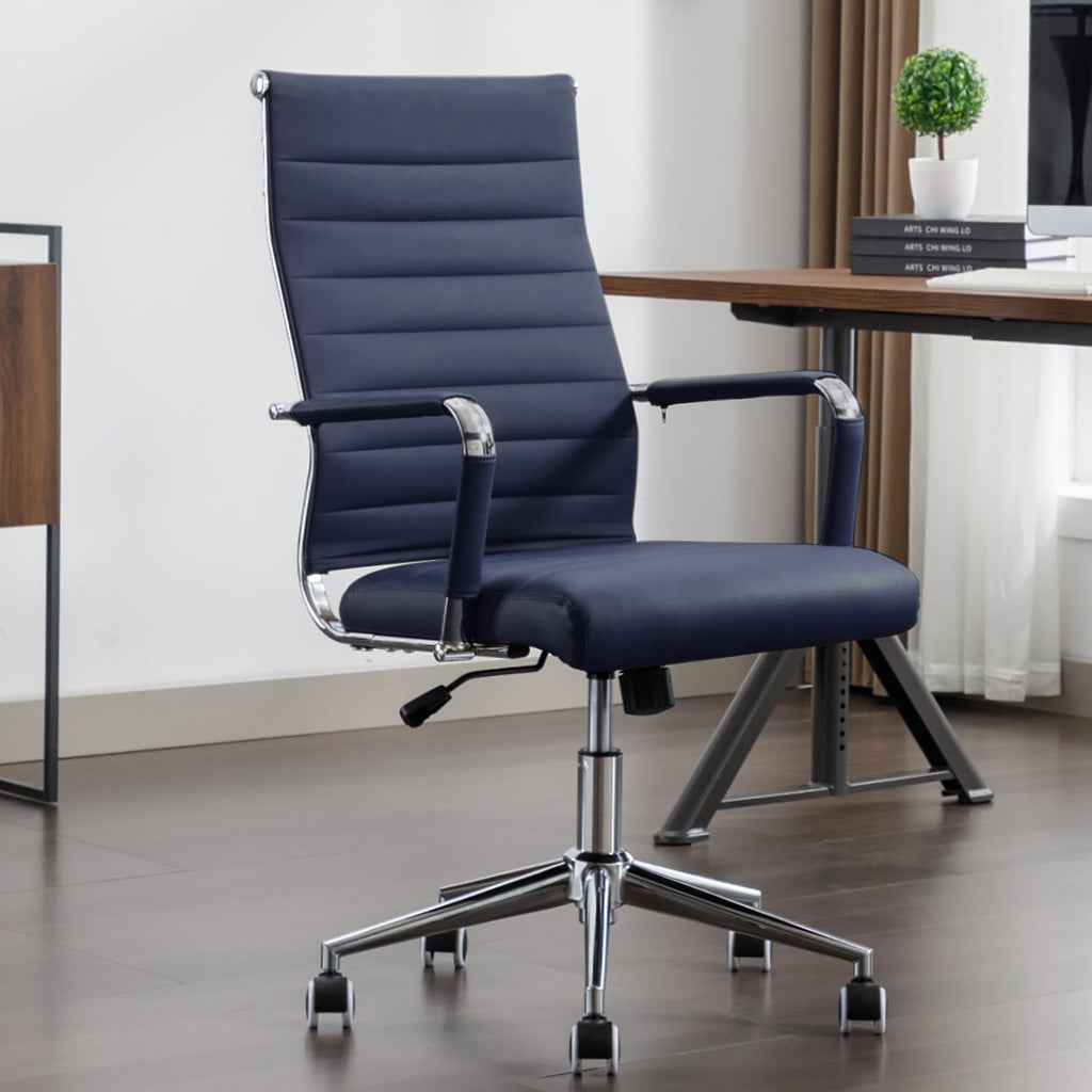 Office Desk Chair Leather, Conference Room Chairs with Wheels, Executive Modern High Back Ergonomic Swivel Rolling Ribbed Computer Chair