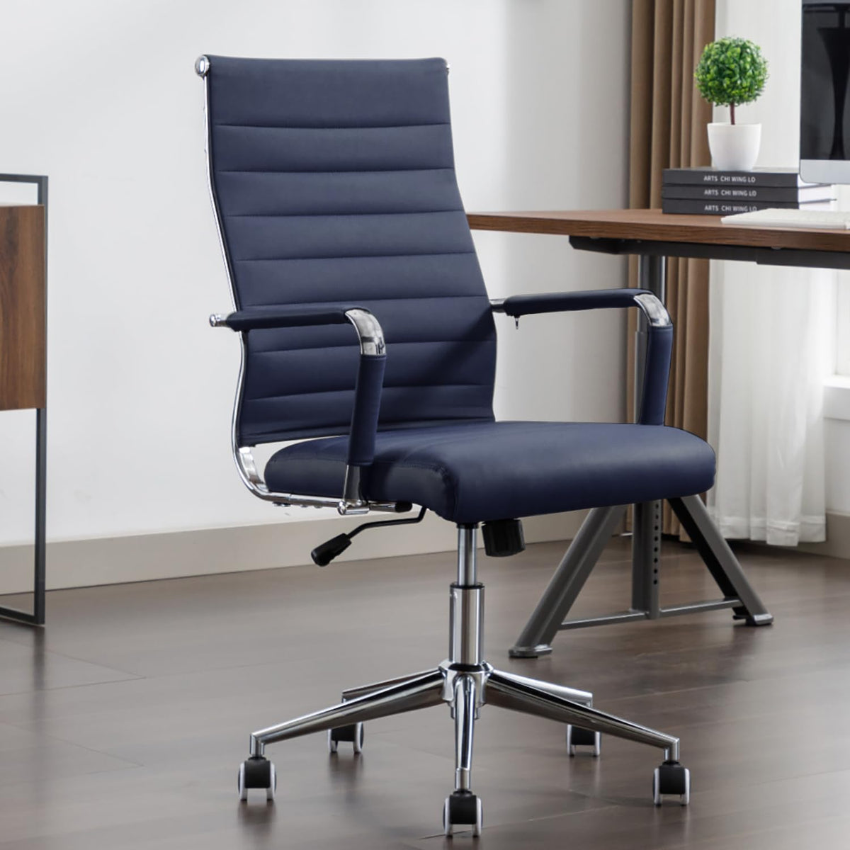 Office Desk Chair Leather, Conference Room Chairs with Wheels, Executive Modern High Back Ergonomic Swivel Rolling Ribbed Computer Chair