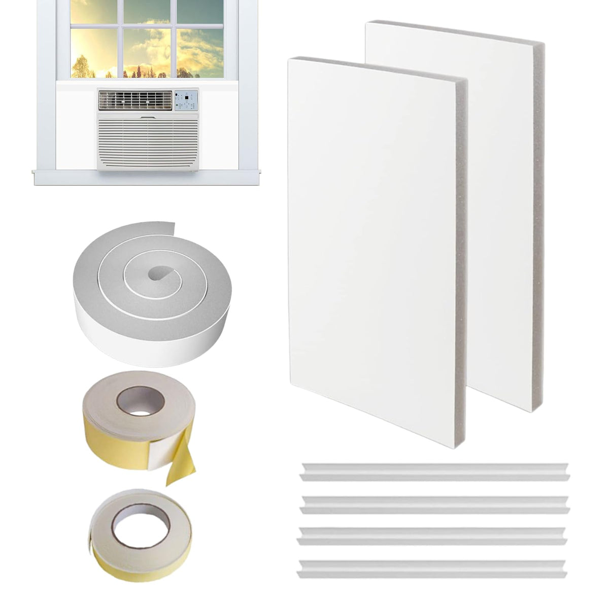 Surround Insulation Side Panels,fully enclosed design White Window Air Conditioner Insulated Foam Panels,Summer/Winter Heat and Draft Insulating with 4 edge banding strips EVA