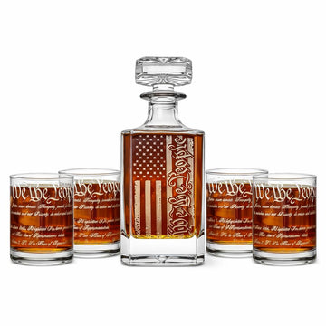 We The People American Flag Engraved Whiskey Decanter Set + 360 Wrapped Double Old Fashioned U.S. Constitution Glasses | 5 Piece Set
