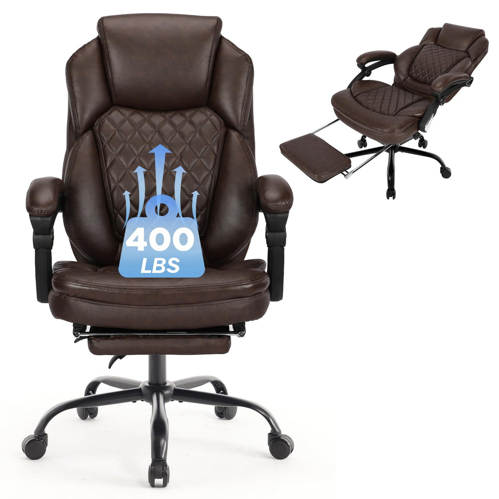 Linting Plus Size Leather Recliner Office Desk Chair with Foot Rest Brown, Large(400lbs), Dark Brown