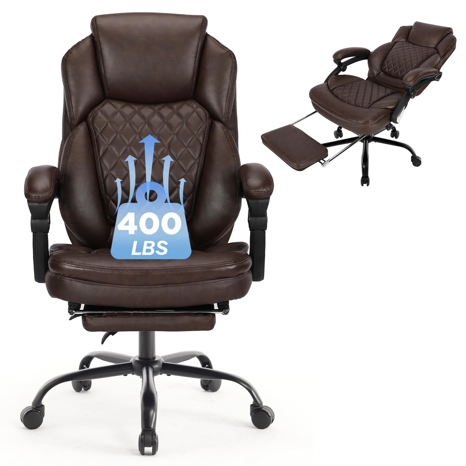 Linting Plus Size Leather Recliner Office Desk Chair with Foot Rest Brown, Large(400lbs), Dark Brown