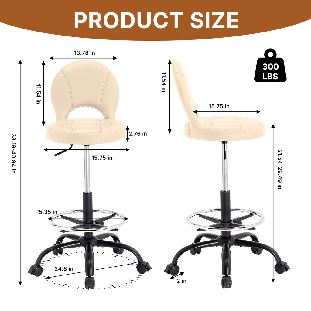 Manyday Drafting Chair with Folding Back | Comfy Office Chair with Wheels, Beige
