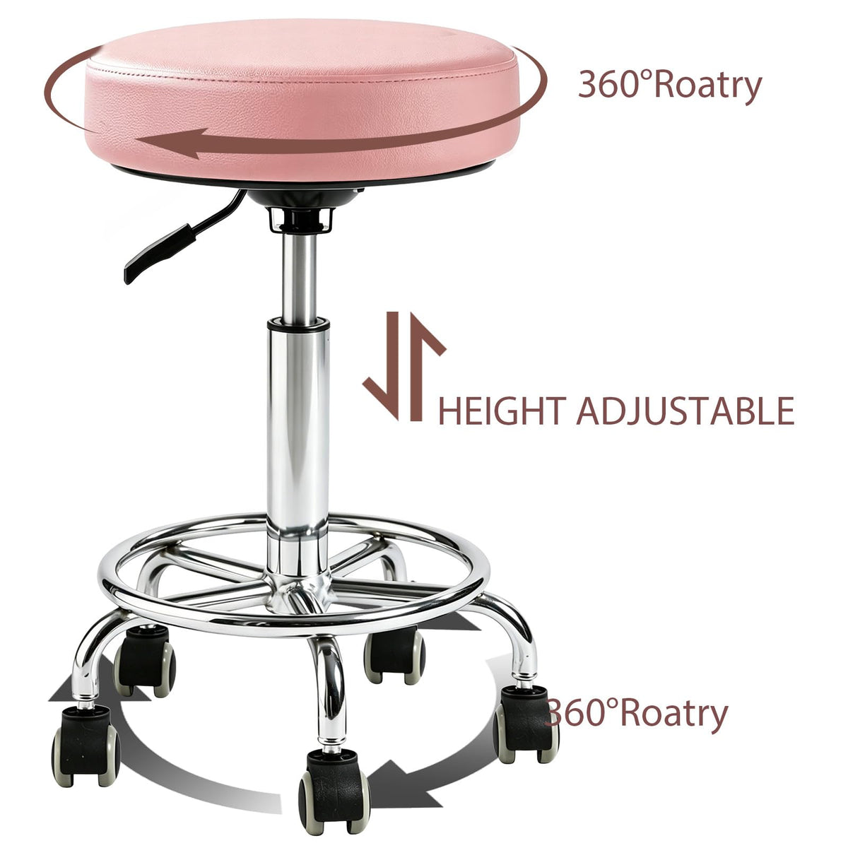 Limkomes 500lb Heavy-duty Adjustable Stool with Wheels, Round Rolling Chair, Standard, Pink