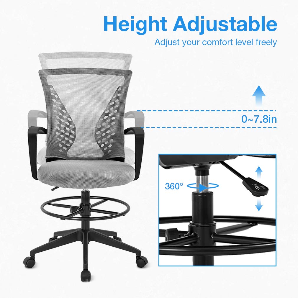 Drafting Chair Tall Office Chair Standing Desk Chair Adjustable Height with Arms Foot Rest Back Support Rolling Swivel Desk Chair Mesh Drafting