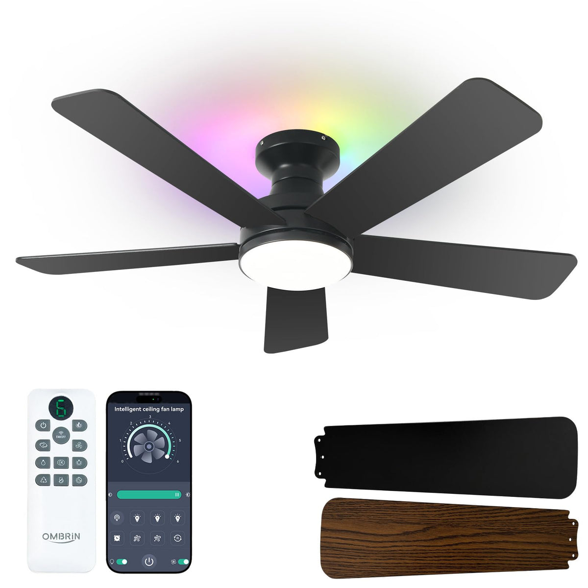 42 Inch Ceiling Fan with Lights, RGB Ceiling Fan with Light, App & Remote Control, Flush Mount Low Profile, Reversible, 3CCT, Dimmable LED, Noiseless, Black Ceiling Fan for Bedroom