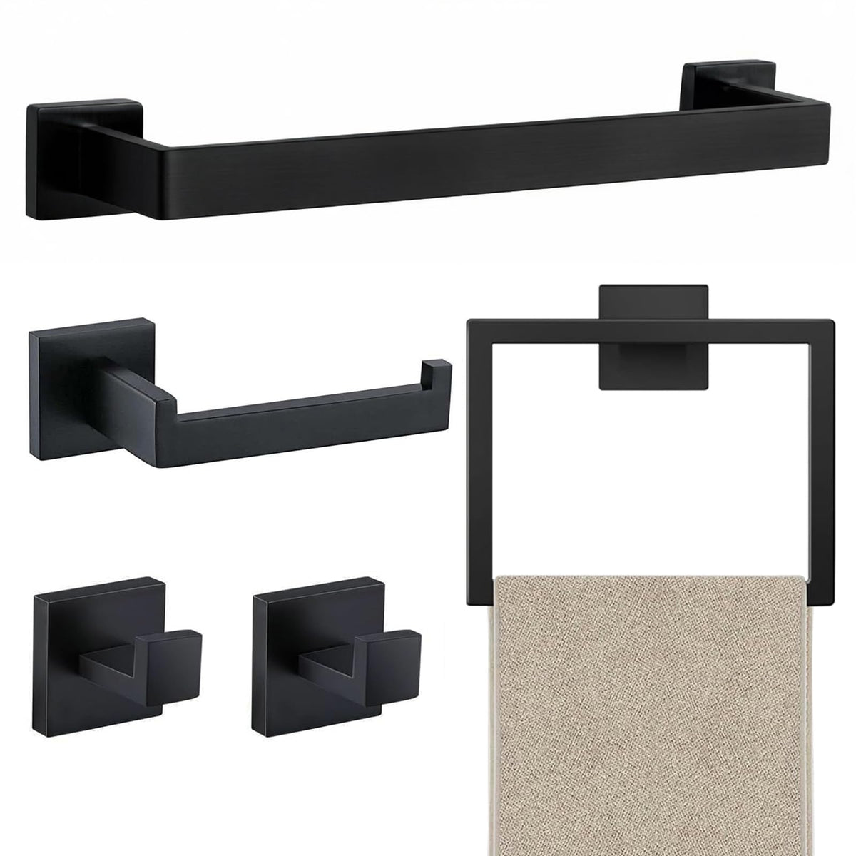 JOPOFI 5 Piece Bathroom Towel Bar Set - Thicken Stainless Steel Bath Towel Holder, 15.7 Inch Towel Racks for Bathroom Wall Mounted, Bathroom Hardware Accessories Set - Matte Black