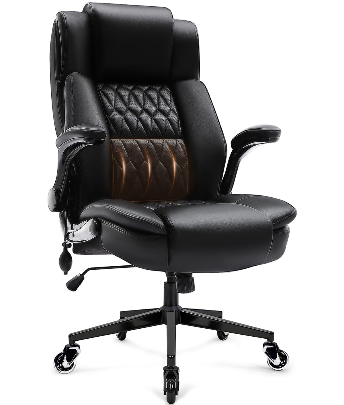 Hamaoka Large High Back Office Chair - Adjustable Lumbar Support, Flip Up Arms, Heavy Duty Metal Base, Breathable Bonded Leather, 2 Storage
