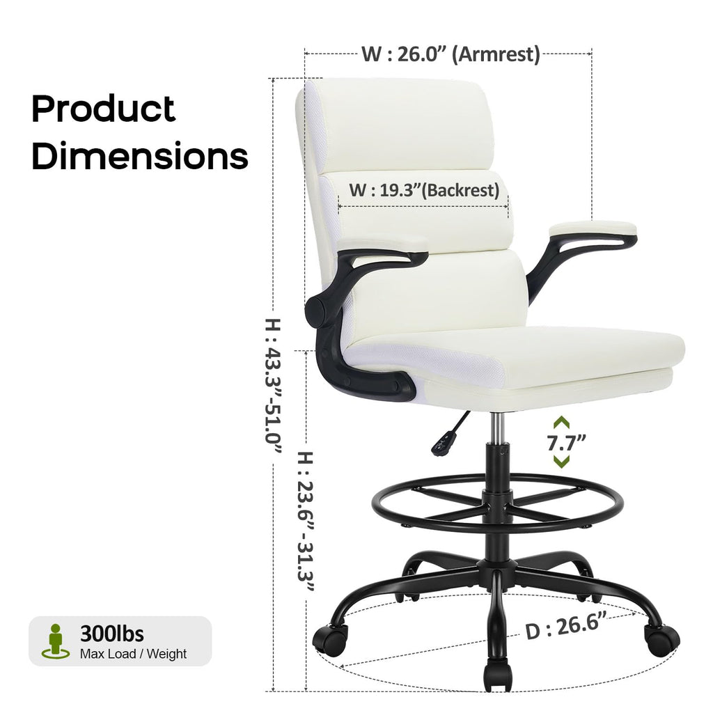 Amseatec Drafting Chair, Tall Office Chair with Footrest for Standing Desk, Small, White