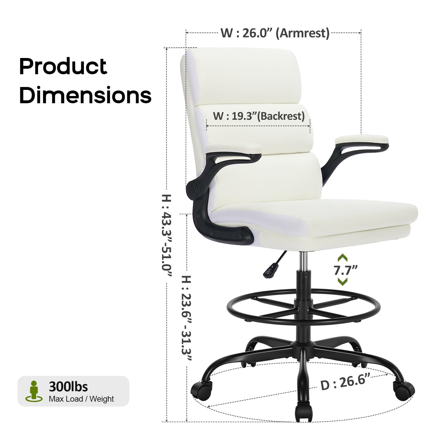Amseatec Drafting Chair, Tall Office Chair with Footrest for Standing Desk, Small, White