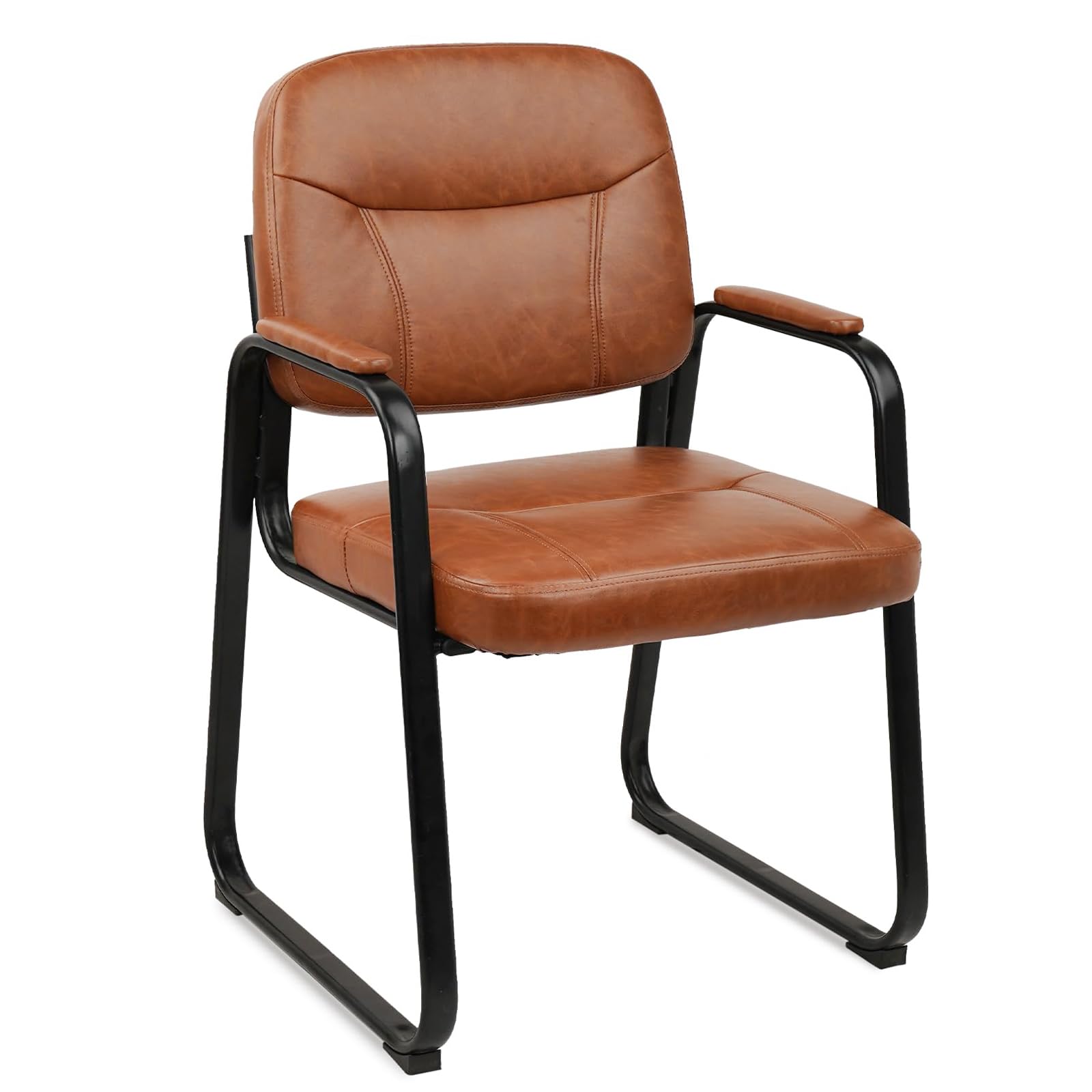Clatina Leather Office Guest Waiting Room Chair with Sled Base, Reception Chair No Wheels with Armrests and Lumber Support, Stationary Desk