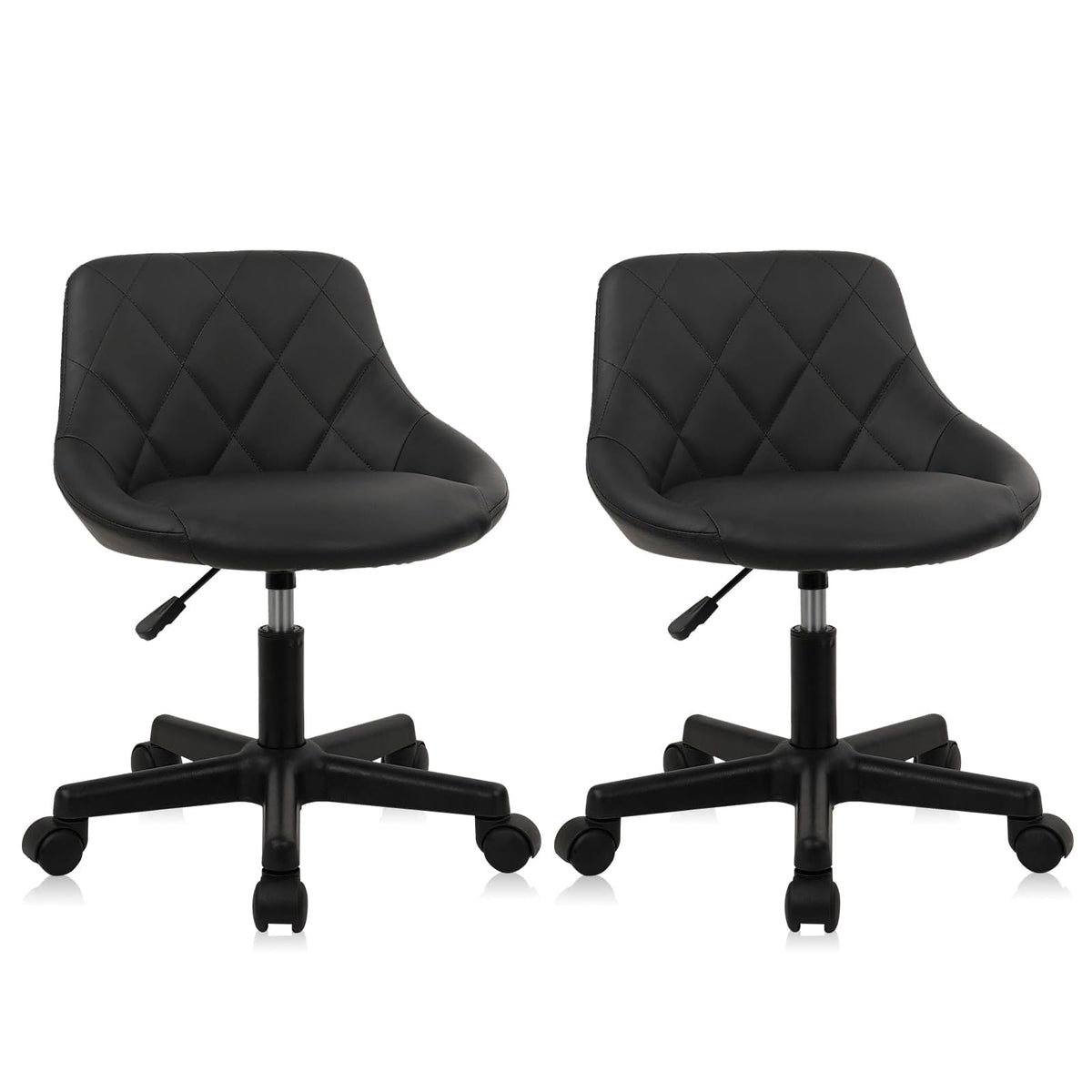 Klasika Black Low Back Rolling Stool Pu Leather Vanity Stools, Set of 2 Makeup Salon Spa Stools, Adjustable Height Ergonomic Swivel Rolling