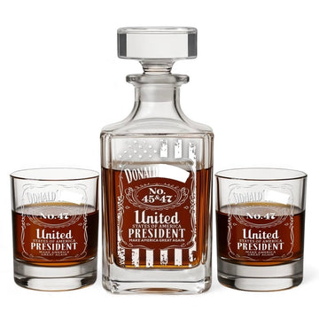 No. 47 3pc Decanter Set – American Flag Whiskey Decanter and Glasses – Hand Engraved Patriotic Liquor Decanter Set – USA Themed Whiskey Gift for Men – Bourbon Scotch Decanter Set