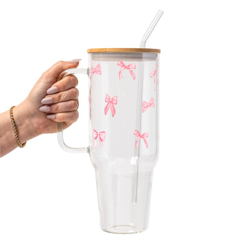 Coquette Pink Bow 40oz Glass Tumbler with Lid and Straw