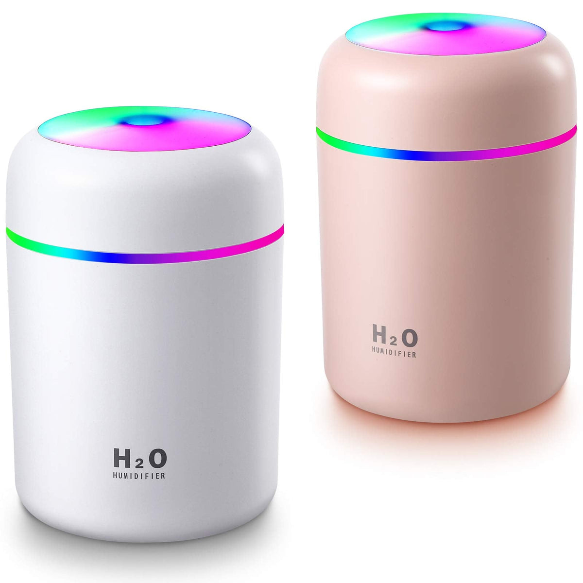 2 Pieces Cool Mist Portable Mini Humidifiers, 300 ml, Quiet USB Personal Desktop Humidifiers with 2 Mist Modes and Auto Shut Off for Bedroom Home (Pink, White)