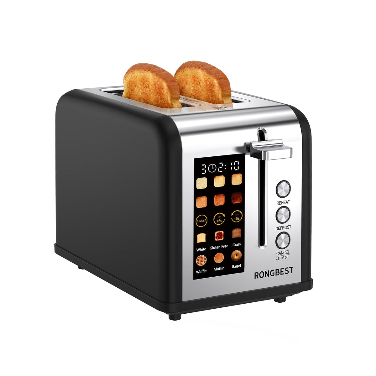 2 Slice Touch Screen Toaster Stainless Steel with Wide Slots for Family Breakfast, Even Toasting for Bagels & Bread, Defrost & Reheat, Easy Removable Crumb Tray, Matt Black