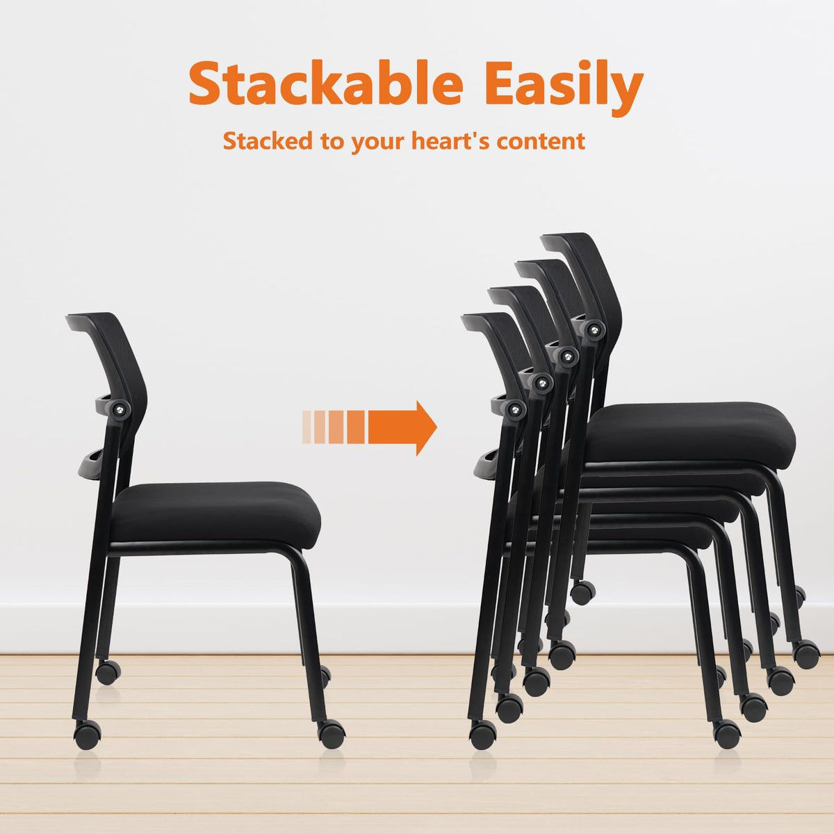 Clatina Stacking Chairs 8 Pk, Adjustable Backrest Stackable Mesh Office Waiting Room Armless Chair with Wheels for Guest Reception Conference