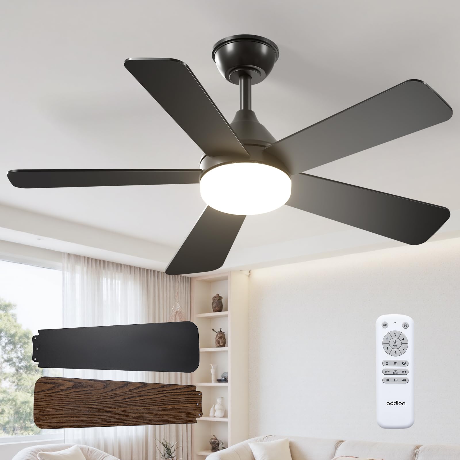 addlon Ceiling Fans with Lights, 42 inch Black Ceiling Fan with Light and Remote Control, Reversible, 3CCT, Dimmable, Noiseless, Small Ceiling Fan for Bedroom, Farmhouse, Indoor/Outdoor Use