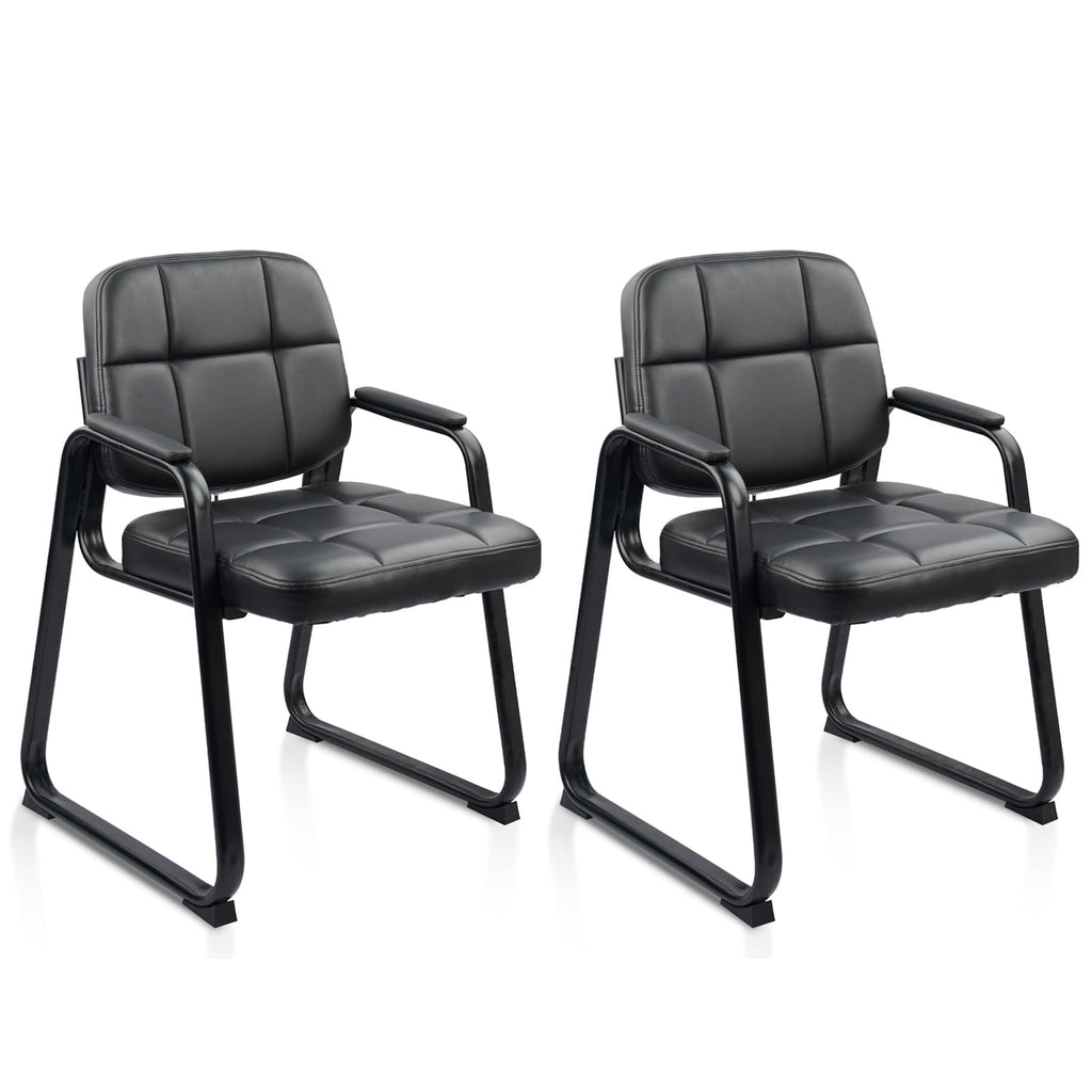 Clatina Leather Office Guest Waiting Room Chair with Sled Base, Reception Chair No Wheels with Armrests and Lumber Support, Stationary Desk