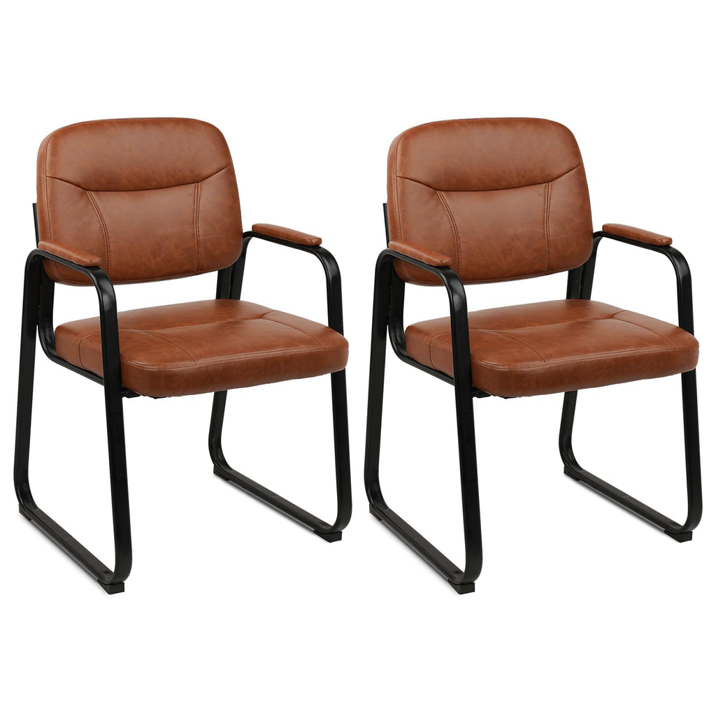 Clatina Waiting Reception Chairs No Wheel, Leather Guest Chair with Padded Arms, Modern Brown Office Desk Chairs with Sled Base for Office