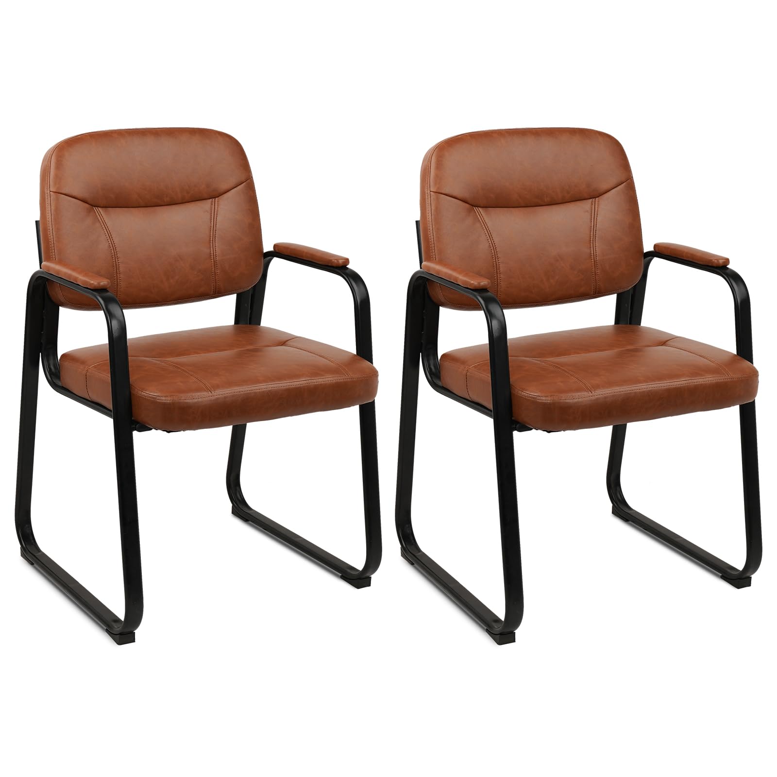 Clatina Waiting Reception Chairs No Wheel, Leather Guest Chair with Padded Arms, Modern Brown Office Desk Chairs with Sled Base for Office