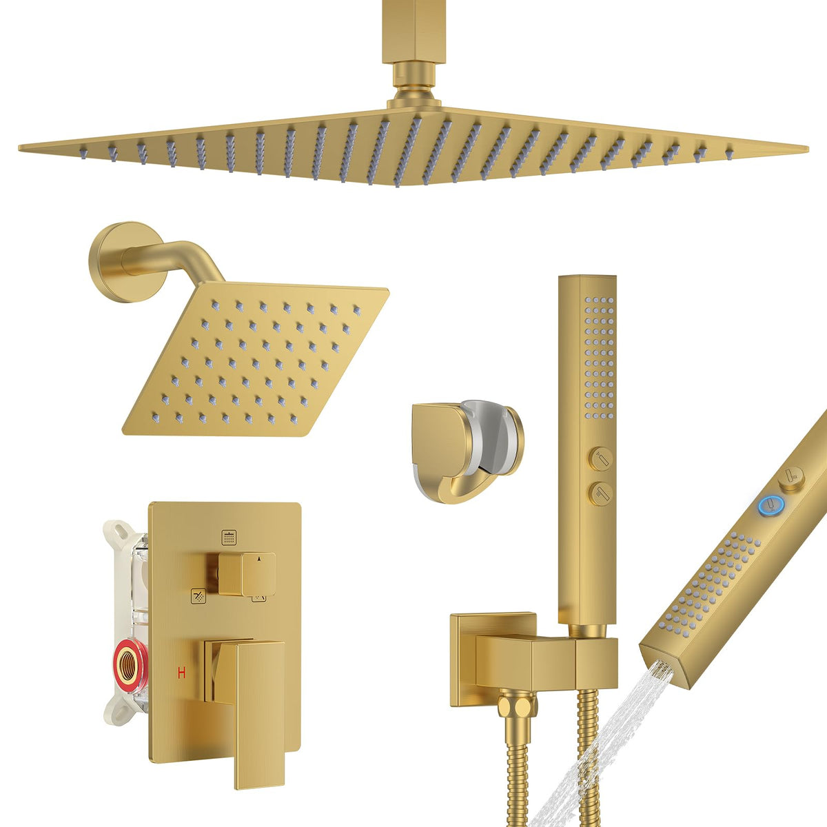 Shower Faucet Set, Ceiling Mount Rainfall Shower Head System 12" + 6" Dual Rain Shower Head Sets with 2 in 1 Handheld Spray for Bathroom with Rough-in Valve and Shower Trim Kit, Brushed Gold