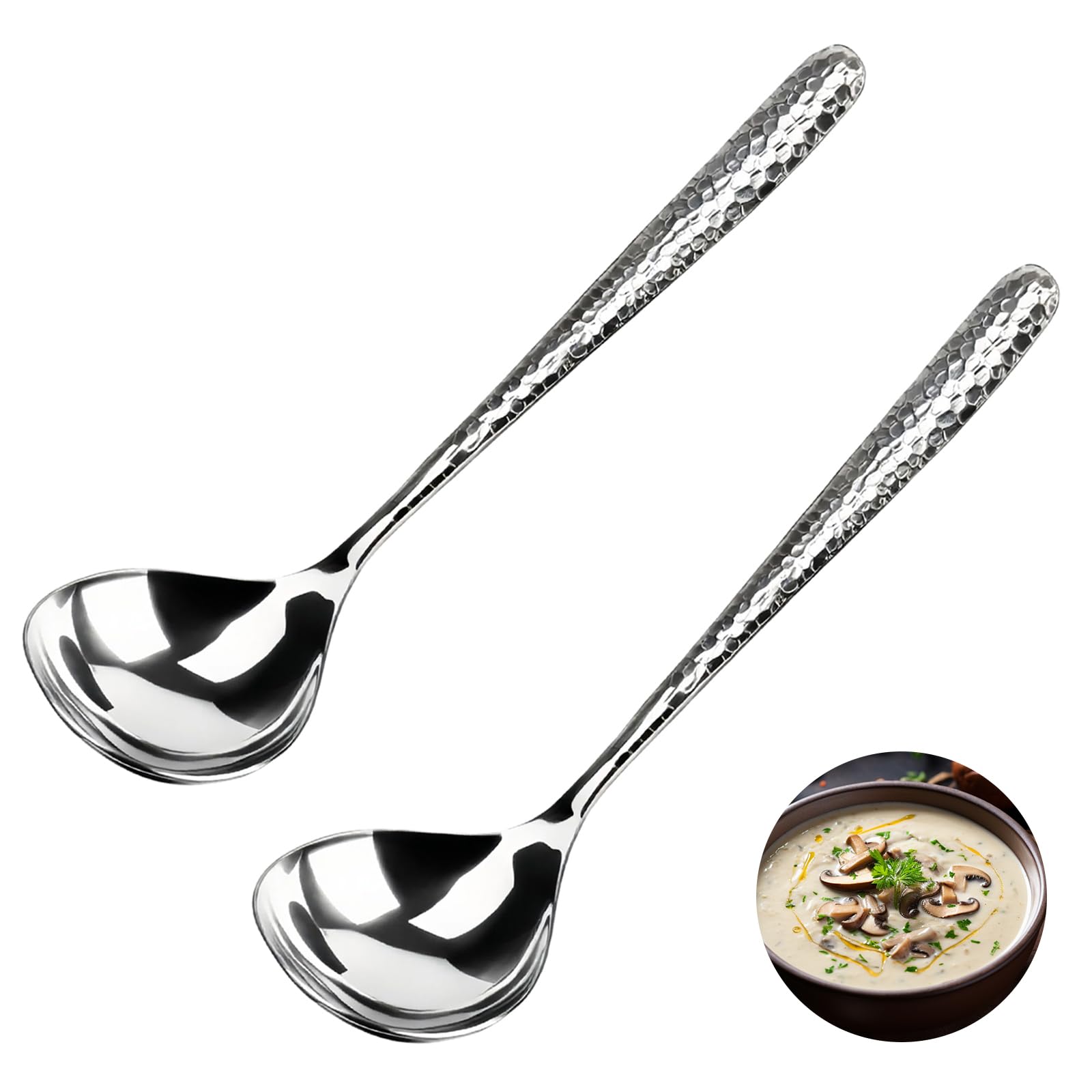 2 PCS Deep Round Soup Spoons 7.87", 304 Stainless Steel Large Soup Spoons Dishwasher safe, Perfect for Cereal, Bouillon, Milk Soup & Dinner Guests