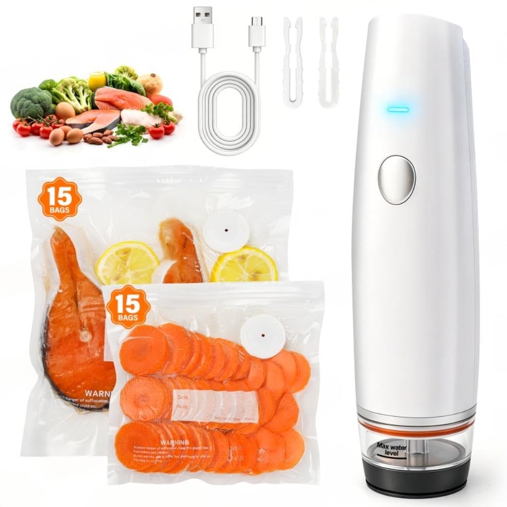 '-80kPa Compact Vacuum Sealer for Food (Vacuum Sealer Machine + 30 Reusable Bags),1200mAh Rechargeable Handheld Vacuum Sealer Machine Portable Mini Food Sealer for Sous Vide & Meal Prep