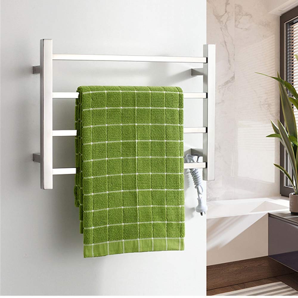 Heated Towel Rack Wall Mounted Towel Warmer Electric Heated Drying Racks for Bathroom Stainless Steel 4 Bars Polished Heated Towel Rail Radiator Plugin ()