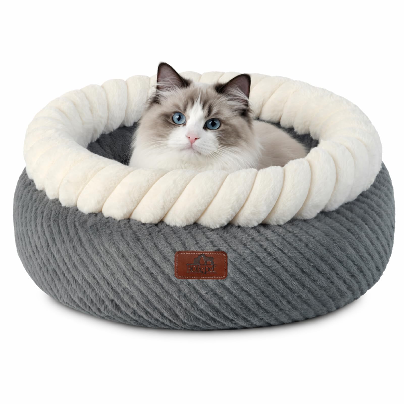 Hollypet Cat Bed for Indoor Cats Kitty Beds, Round Washable Fluffy Small Dog Bed, Soft Cozy Plush Pet Beds for Puppy and Kitten with Non-Slip Bottom (20" D * 8" Th, Gray)
