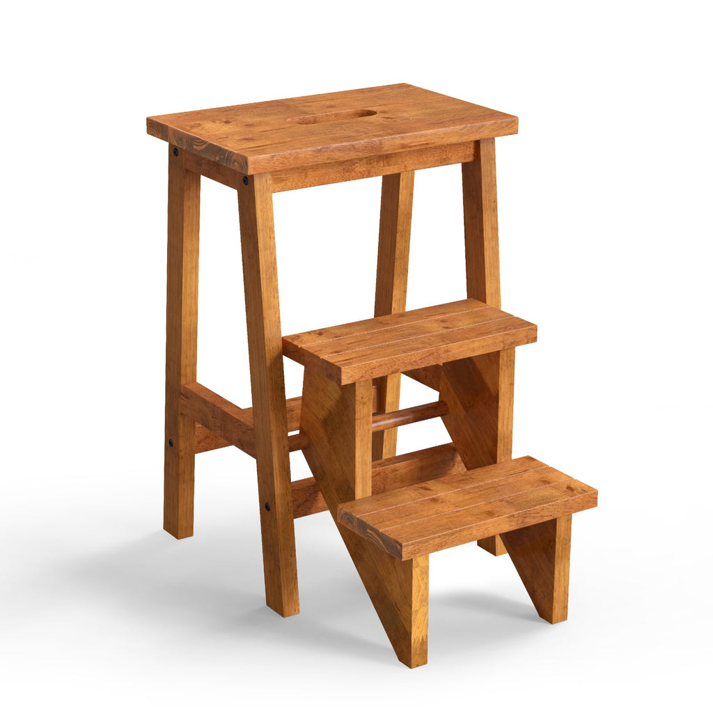 Costzon Folding 3 Step Stool, 3 in 1 Wooden Step Ladder with Handle, Non-slip Pedal, Multifunctional Storage Shelf, Flower Rack for Kitchen,