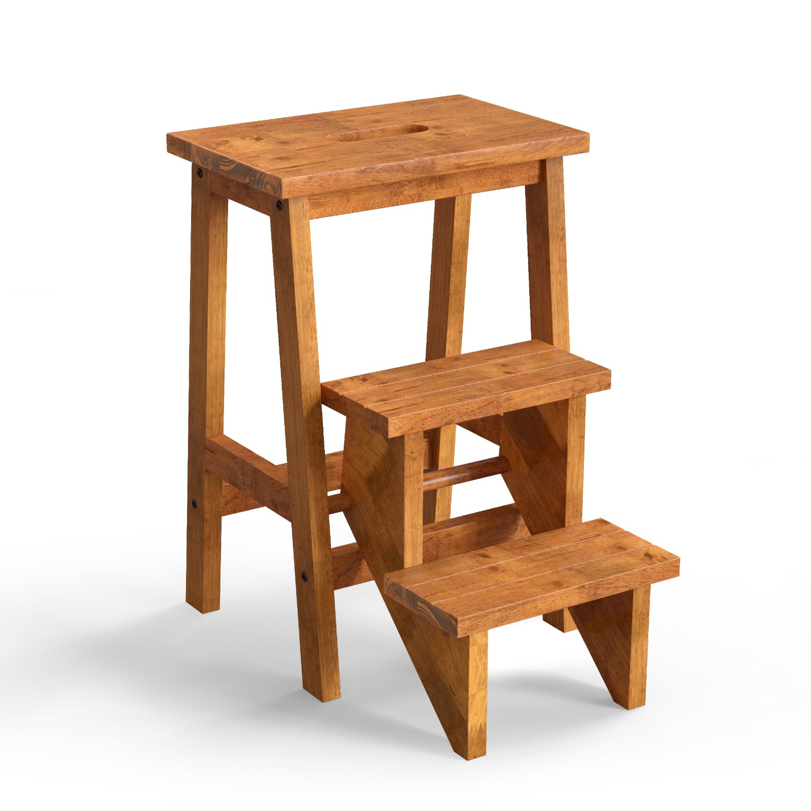 Costzon Folding 3 Step Stool, 3 in 1 Wooden Step Ladder with Handle, Non-slip Pedal, Multifunctional Storage Shelf, Flower Rack for Kitchen,