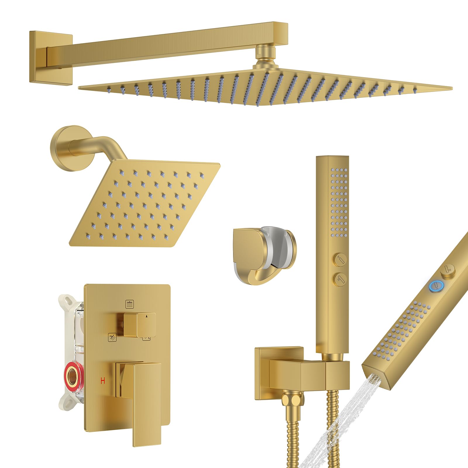 Shower Faucet Set, Wall Mounted Rainfall Shower System 12"+ 6" Dual Shower Head Sets with 2 in 1 Handheld Spray with Rough-in Valve and Shower Trim Kit, Brushed Gold