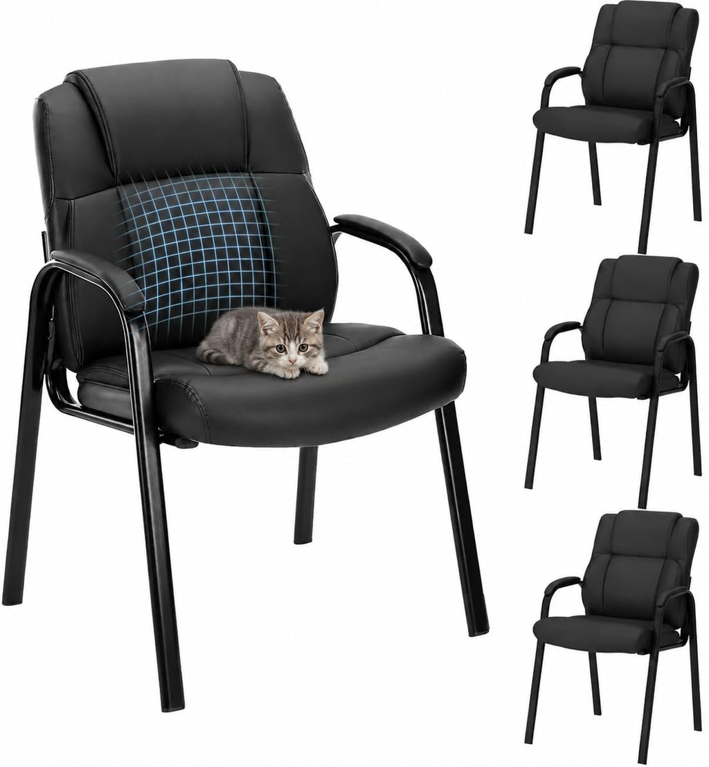 Kindbear Office Guest Chair, Pu Leather Padded Arms,set of 4, Black