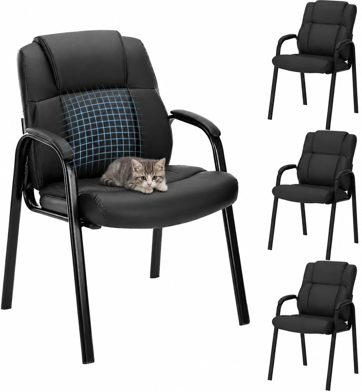 Kindbear Office Guest Chair, Pu Leather Padded Arms,set of 4, Black